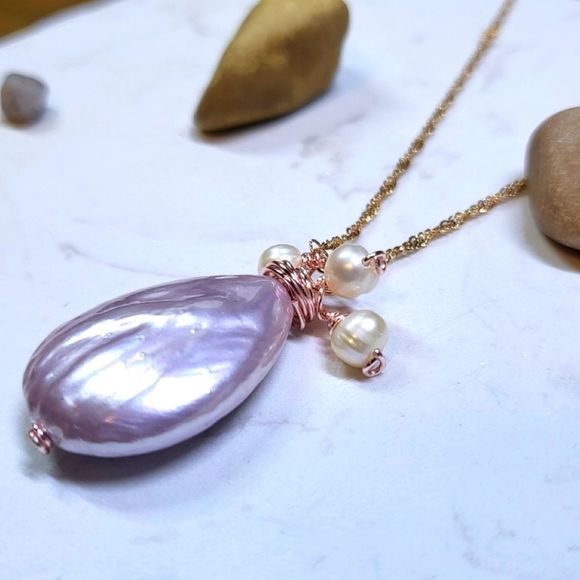 Rose pearl natural necklace and pendant gold filled - Picture 1 of 4